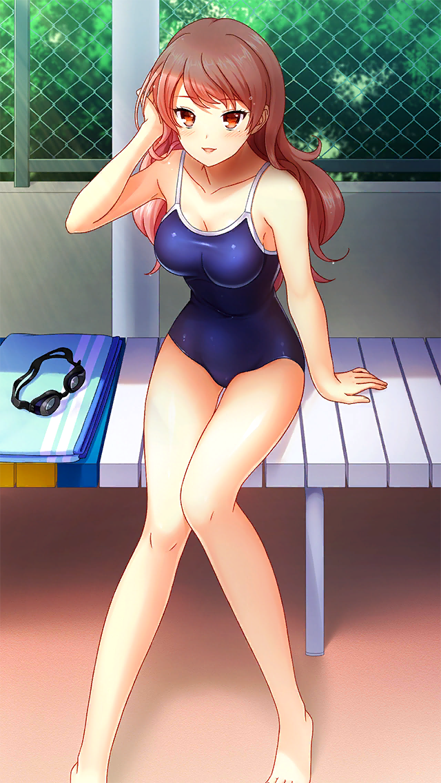 1girl :d bangs barefoot blue_swimsuit blush breasts cleavage collarbone day doukyuusei_another_world game_cg hand_in_hair kishimoto_sae long_hair looking_at_viewer medium_breasts official_art open_mouth orange_eyes outdoors pink_hair shiny shiny_hair sitting smile solo spaghetti_strap straight_hair swimsuit very_long_hair