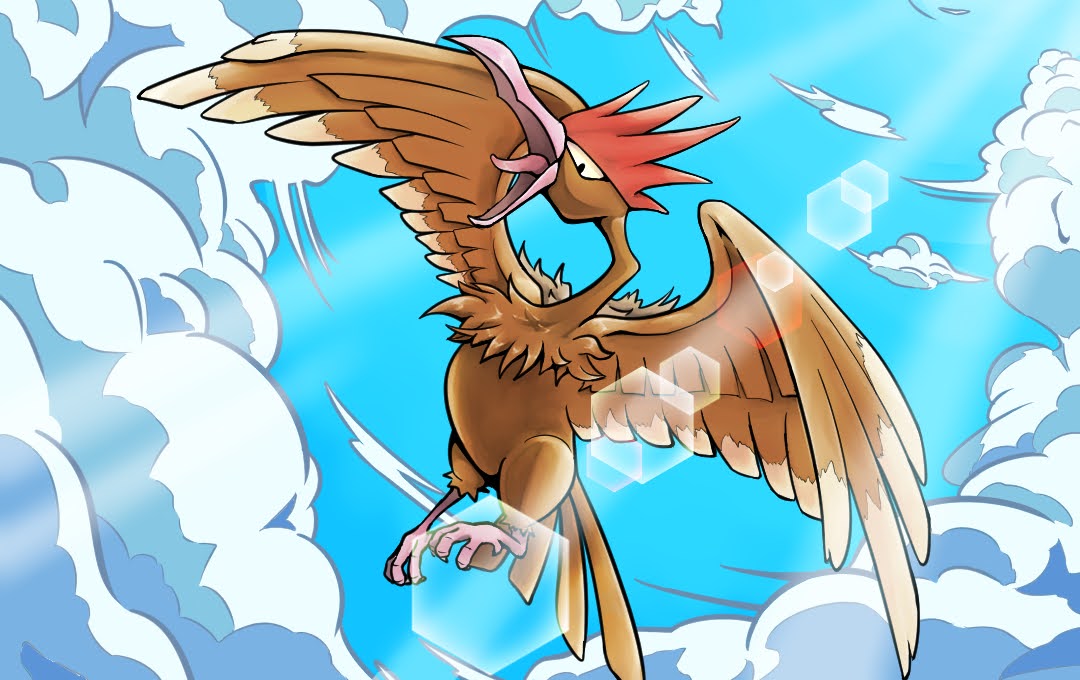 black_eyes cloud commentary_request fearow gen_1_pokemon lens_flare looking_down no_humans open_mouth pokemon pokemon_(creature) q-chan sky solo talons tongue