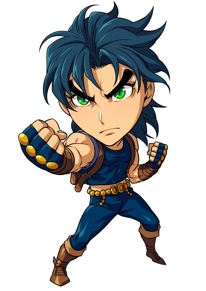 1boy backpack bag bare_shoulders belt blue_gloves blue_shirt boots brown_footwear chibi clenched_hands closed_mouth commentary_request fighting_stance fingerless_gloves full_body gloves green_eyes jojo_no_kimyou_na_bouken jonathan_joestar kotatsu_(g-rough) legs_apart looking_at_viewer male_focus phantom_blood shirt simple_background solo standing white_background