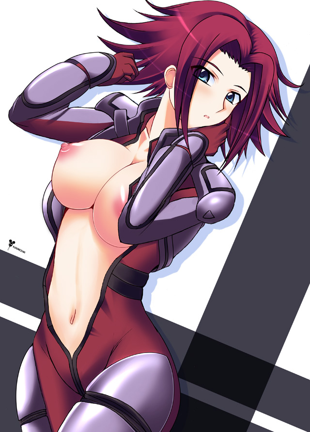 :o adjusting_hair blue_eyes blush bodysuit breasts code_geass dutch_angle embarrassed gloves kallen_stadtfeld kuronezumi large_breasts navel nipples no_bra open_clothes open_mouth puffy_nipples red_hair shadow shiny shiny_hair short_hair solo spiked_hair standing undressing wide_hips