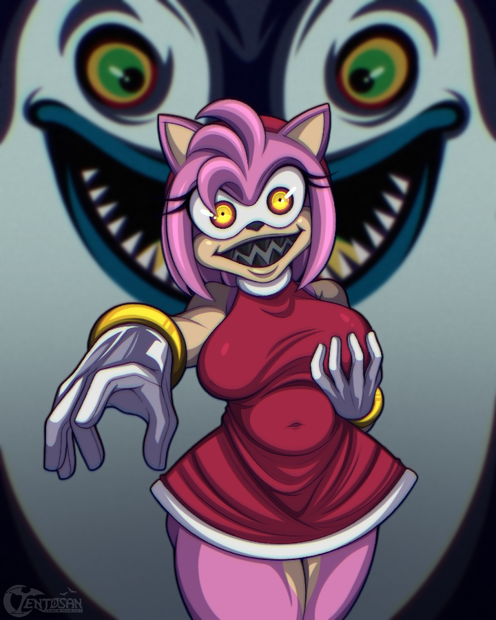 4:5 amy_rose anthro big_breasts breast_grab breasts clothed clothing eulipotyphlan female glowing glowing_eyes hair hand_on_breast hedgehog king_boom_boo mammal pink_hair possession reaching_towards_viewer sharp_teeth short_stack solo sonic_the_hedgehog_(series) teeth tenjosan