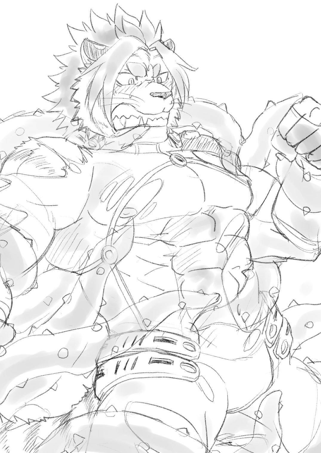 abs angry anthro blush clothing felid hi_res male mammal monochrome muscular muscular_anthro muscular_male nipples nomad_(tas) pantherine pecs sketch solo srw225we tentacles tiger tokyo_afterschool_summoners torn_clothing video_games