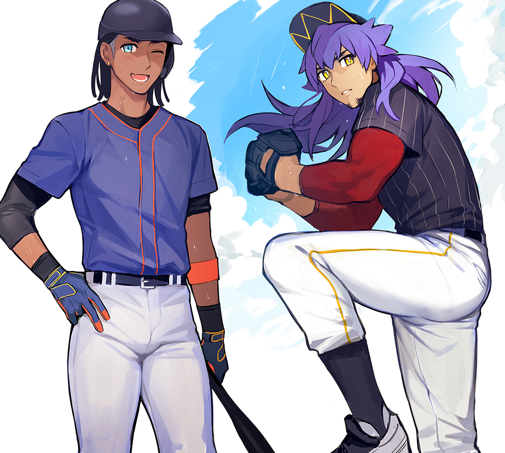 2boys alternate_costume baseball_bat baseball_cap baseball_mitt belt black_hair black_headwear black_legwear bright_pupils commentary_request dark_skin dark_skinned_male earrings facial_hair floating_hair gloves gym_leader hand_on_hip hat jewelry leg_up leon_(pokemon) long_hair male_focus mj_(11220318) multiple_boys pants parted_lips pokemon pokemon_(game) pokemon_swsh purple_hair raihan_(pokemon) shirt shoes short_sleeves socks sweat white_pants white_pupils yellow_eyes