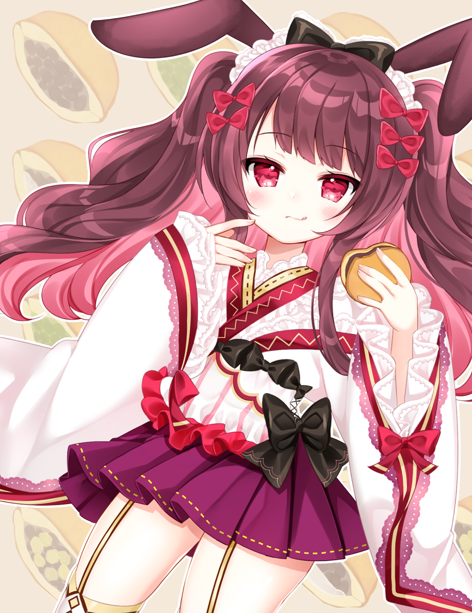 1girl :q animal_ears bangs black_bow blush bow brown_background brown_hair bunny_ears closed_mouth commentary_request dorayaki eyebrows_visible_through_hair food garter_straps hair_bow holding holding_food japanese_clothes kimono lolita_fashion long_hair long_sleeves multicolored_hair original pink_hair pleated_skirt purple_skirt red_bow red_eyes ribbon_trim shikito skirt sleeves_past_wrists smile solo thighhighs tongue tongue_out two-tone_hair two_side_up very_long_hair wa_lolita wagashi white_kimono white_legwear wide_sleeves