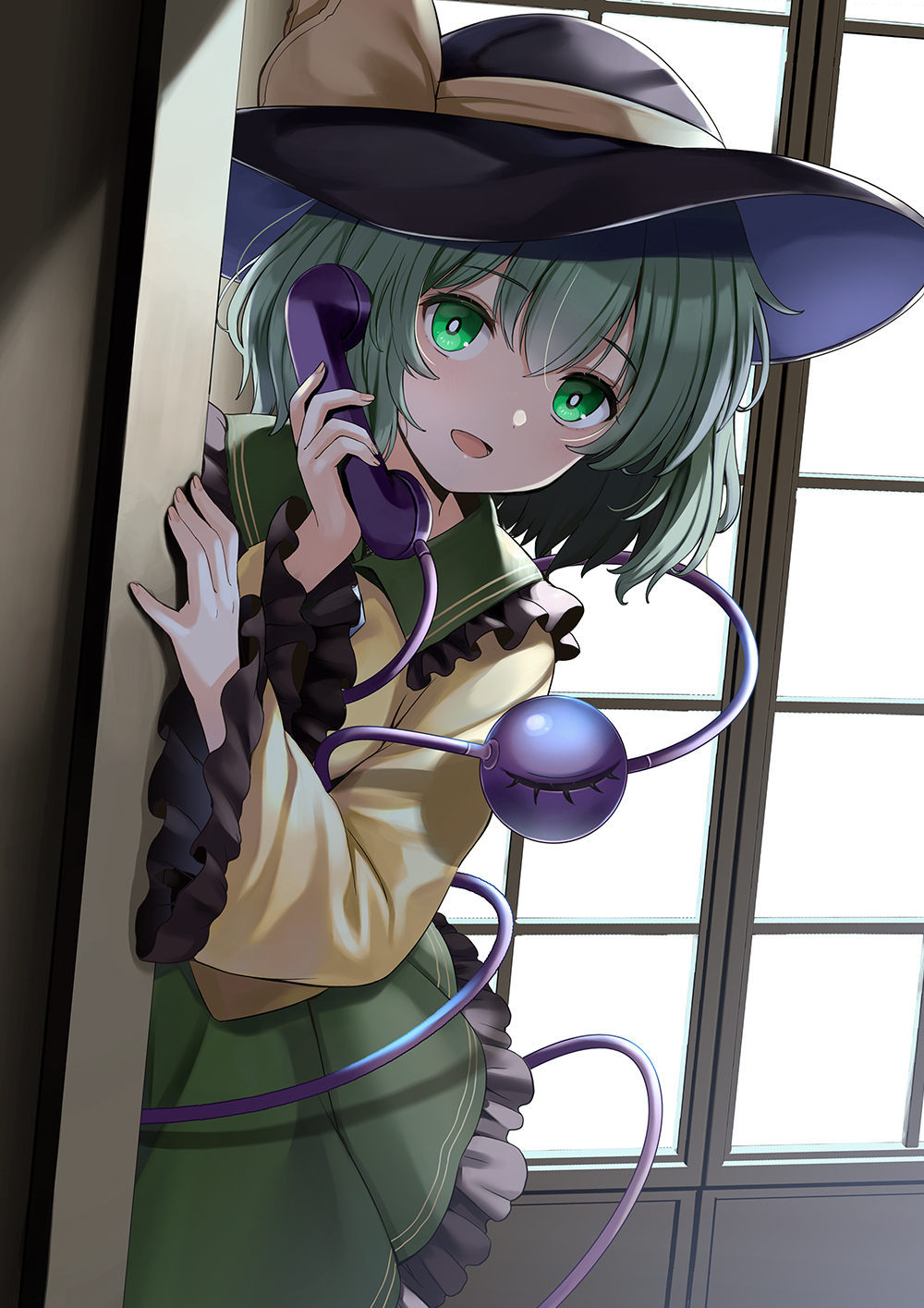 1girl :d bangs banned_artist black_headwear bright_pupils collar eyebrows_visible_through_hair frilled_collar frilled_skirt frilled_sleeves frills green_eyes green_hair green_skirt hair_between_eyes hat hat_ribbon highres holding holding_phone indoors koishi_day komeiji_koishi long_sleeves looking_at_viewer open_mouth peeking_out phone ribbon shade shirt short_hair skirt smile third_eye touhou white_pupils wide_sleeves window yellow_ribbon yellow_shirt yuuka_nonoko