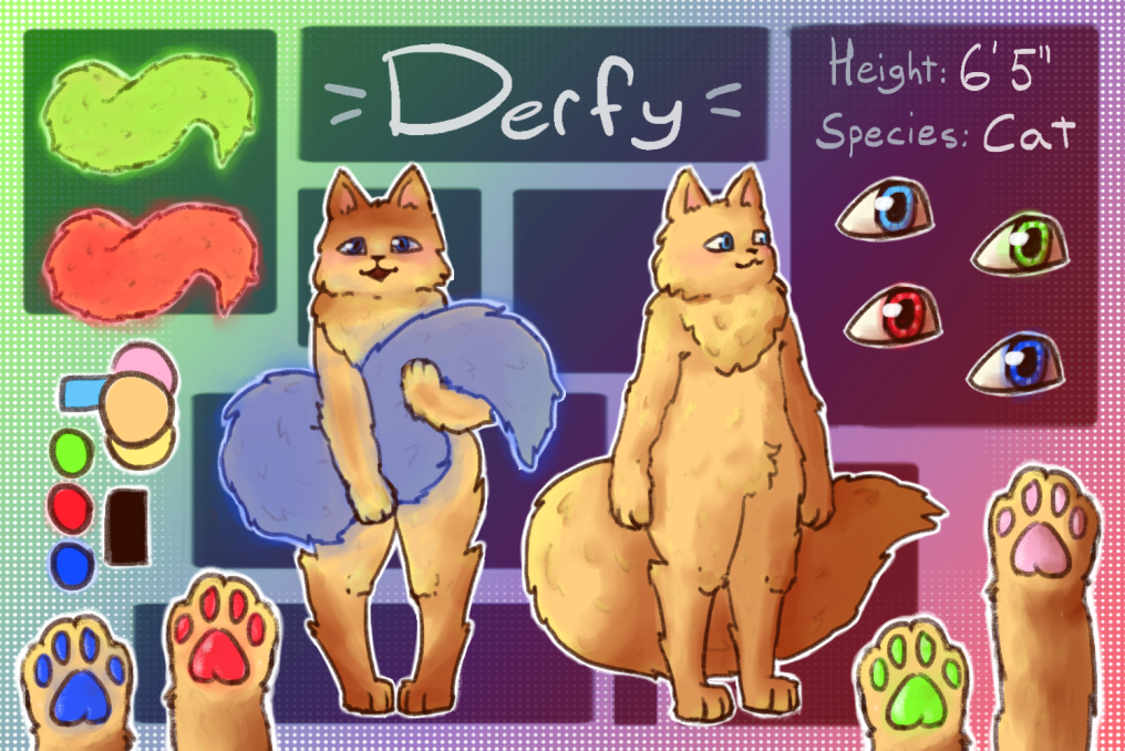 anthro bioluminescence chest_tuft derfy digital_media_(artwork) domestic_cat felid feline felis fur glowing glowing_eyes glowing_pawpads glowing_tail hair looking_at_viewer maine_coon male mammal model_sheet one_eyed_egg open_mouth pawpads paws smile solo tuft