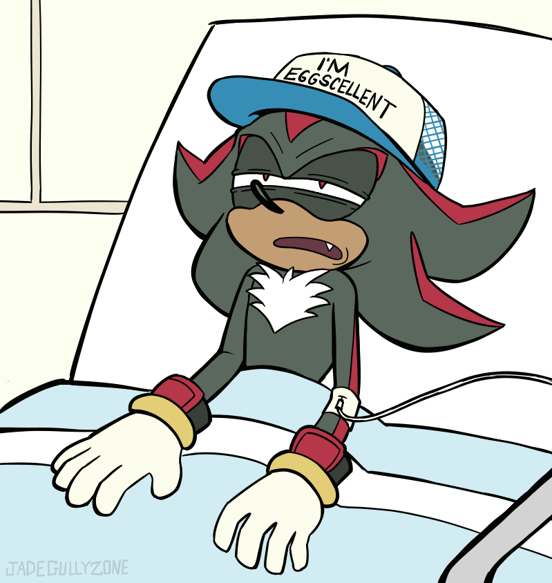 2018 5_fingers anthro bed biped black_body black_fur blue_clothing blue_hat blue_headwear cartoon_network clothing digital_media_(artwork) english_text eulipotyphlan fingers fur furniture gloves handwear hat headgear headwear hedgehog hospital hospital_bed inside iv_line jadegullyzone lying male mammal narrowed_eyes on_back open_mouth red_body red_eyes red_fur regular_show shadow_the_hedgehog solo sonic_the_hedgehog_(series) text text_on_clothing text_on_hat text_on_headwear watermark white_body white_clothing white_fur white_gloves white_hat white_headwear