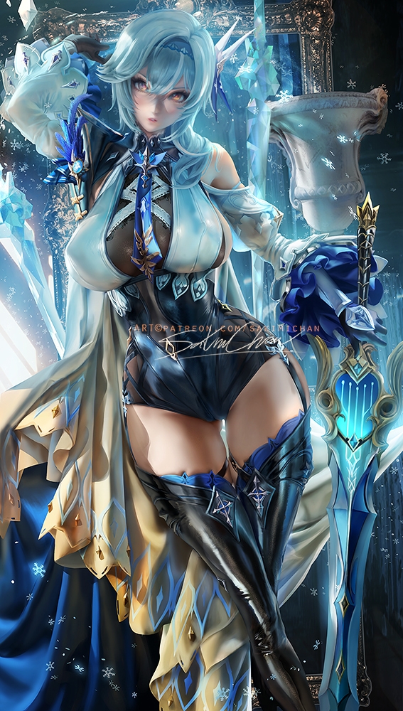 1girl artist_name banned_artist black_gloves black_legwear blue_hair blue_hairband blue_neckwear breasts commentary_request covered_navel eula_(genshin_impact) genshin_impact gloves hair_between_eyes hairband hand_up holding holding_sword holding_weapon large_breasts lips long_sleeves looking_at_viewer medium_hair orange_eyes patreon_username sakimichan snowflakes solo sword thighhighs thighs weapon