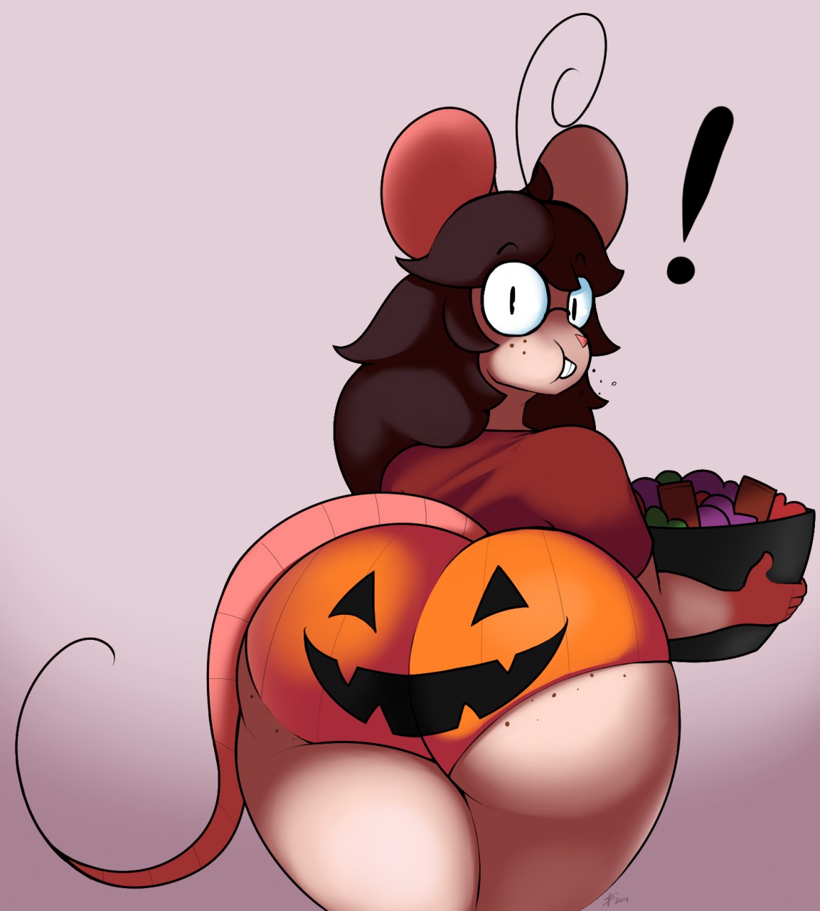 ! anthro big_butt big_ears bottomwear bowl butt candy clothed clothing cowlick curvy_figure dessert digitalpelican eating eyewear female food freckles freckles_on_butt glasses hair halloween hi_res holidays looking_at_viewer looking_back mammal messy_hair mouse murid murine panties partially_clothed print_clothing print_underwear rodent simple_background solo surprised_expression thick_thighs tina_(digitalpelican) topwear turned_around underwear voluptuous