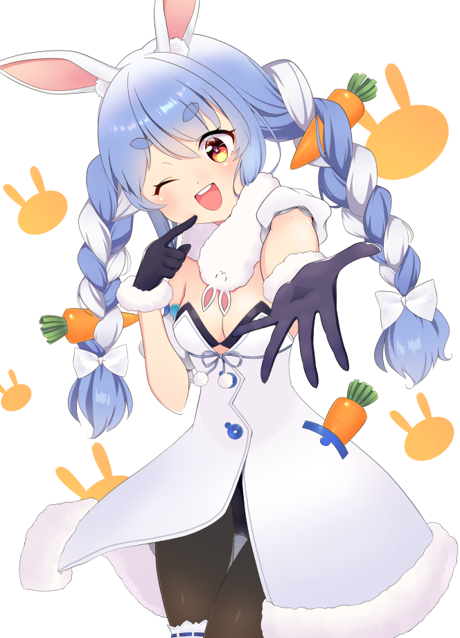 1girl ;d animal_ear_fluff animal_ears bangs beckoning black_gloves black_legwear black_leotard blue_hair braid breasts bunny-shaped_pupils bunny_ears carrot_hair_ornament clothing_cutout coat cowboy_shot detached_sleeves don-chan_(usada_pekora) finger_to_cheek food_themed_hair_ornament fur-trimmed_coat fur-trimmed_gloves fur_scarf fur_trim gloves hair_ornament head_tilt hikimayu hololive leg_garter leotard leotard_under_clothes long_hair multicolored_hair ocha_uma one_eye_closed open_mouth orange_eyes outstretched_arm outstretched_hand pantyhose playboy_bunny puffy_short_sleeves puffy_sleeves reaching_out scarf short_eyebrows short_sleeves small_breasts smile solo strapless strapless_coat strapless_leotard swept_bangs thick_eyebrows twin_braids twintails two-tone_hair underboob_cutout upper_teeth usada_pekora virtual_youtuber white_coat white_hair white_scarf white_sleeves