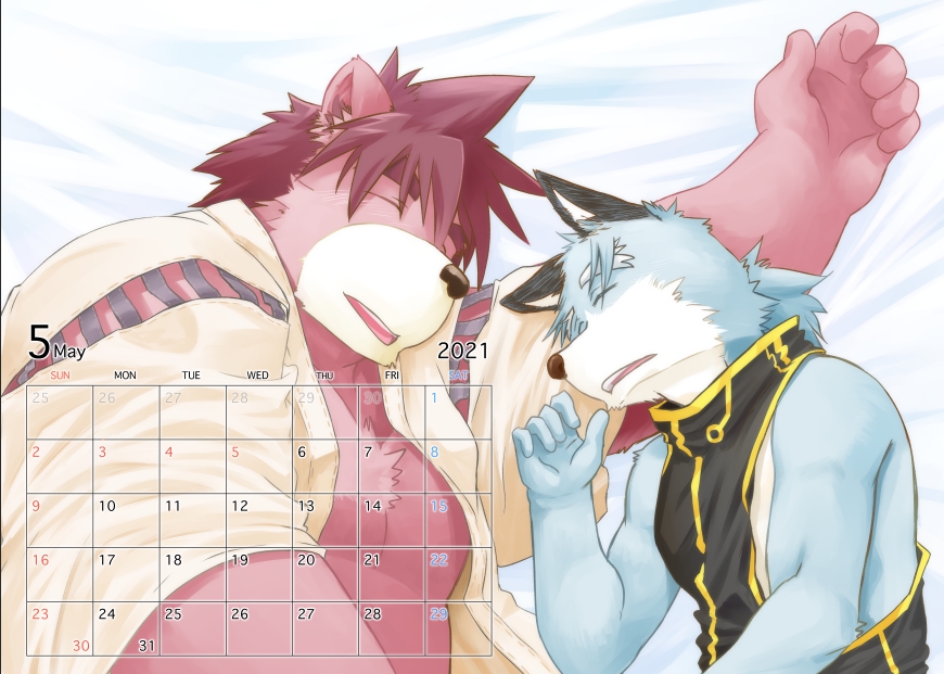 2021 anthro bed black_nose blue_body blue_fur calendar canid canine canis clothed clothing domestic_dog duo eyes_closed fur furniture inuryu kemono lying male male/male mammal necktie open_clothing open_shirt open_topwear overweight overweight_male shirt sleeping topwear ursid white_body white_fur