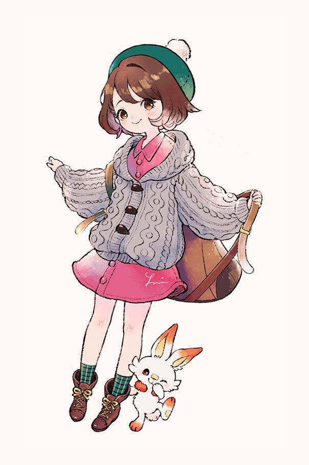 1girl backpack bag bangs bob_cut boots brown_bag brown_eyes brown_footwear brown_hair buttons cable_knit cardigan closed_mouth collared_dress commentary_request dress gen_8_pokemon gloria_(pokemon) green_headwear green_legwear grey_cardigan hat hooded_cardigan knees looking_at_viewer pink_dress plaid plaid_legwear pokemon pokemon_(creature) pokemon_(game) pokemon_swsh scorbunny short_hair smile socks starter_pokemon tam_o'_shanter zzzpani