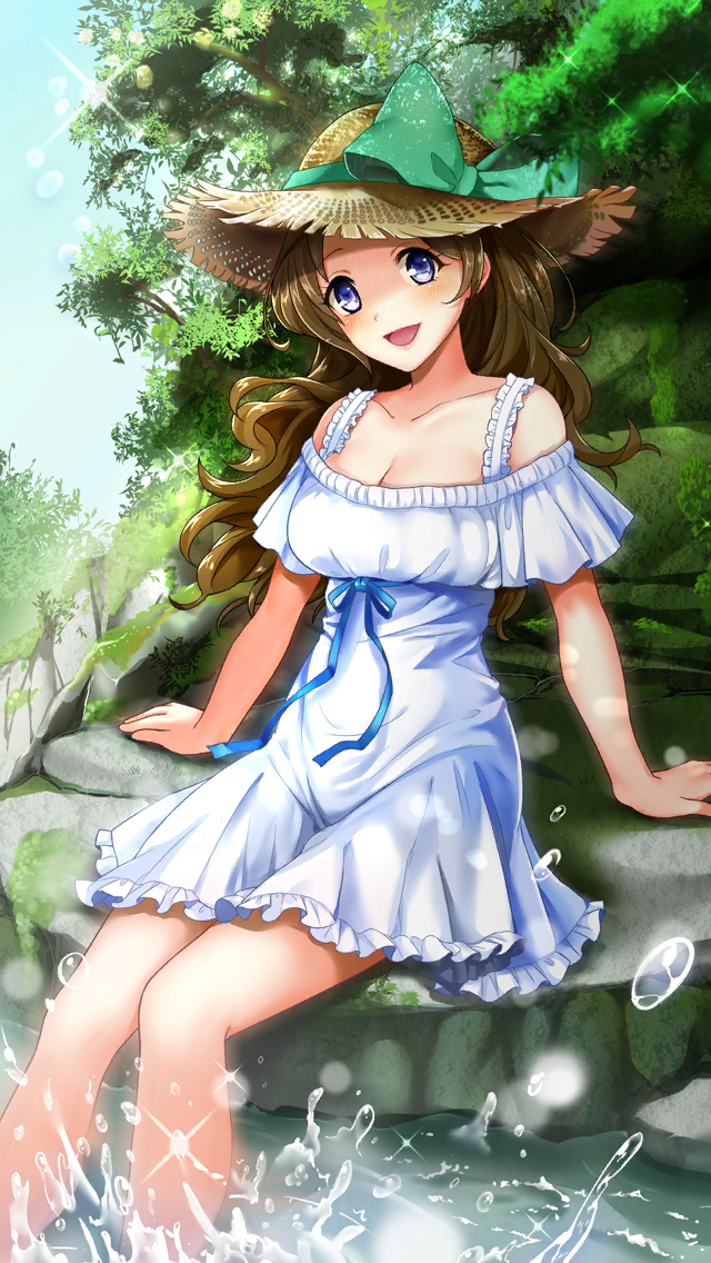 1girl :d arm_support blue_eyes blue_ribbon bow breasts brown_hair cleavage collarbone curly_hair day doukyuusei_another_world dress frilled_dress frills game_cg green_bow hat hat_bow kakyuusei_2 long_hair looking_at_viewer medium_breasts off-shoulder_dress off_shoulder official_art open_mouth outdoors rei_no_himo ribbon shiny shiny_hair shirai_yuuri short_dress short_sleeves sitting smile soaking_feet solo straw_hat sun_hat sundress very_long_hair water white_dress yellow_headwear