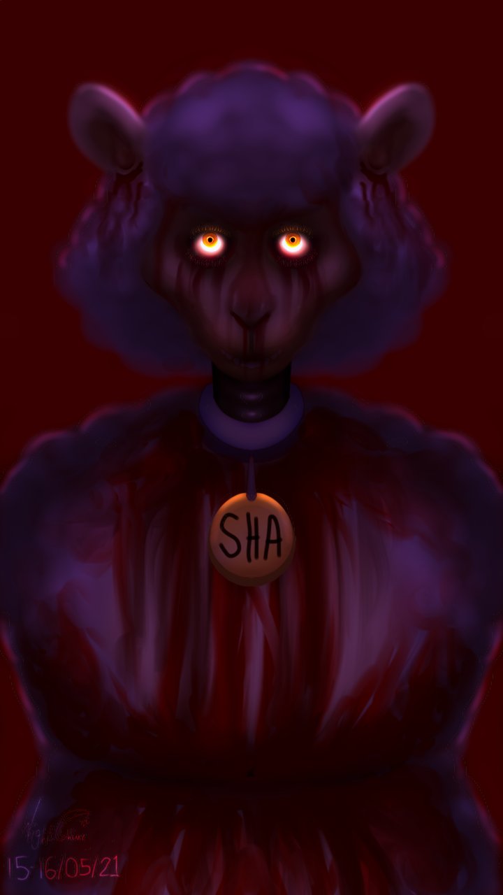 anthro balls bedroom_eyes bleeding_eyes bleeding_from_mouth blood blood_on_face bloodshot_eyes bodily_fluids bovid caprine collar english_text female fuzzywuff genitals glowing glowing_eyes hi_res looking_at_viewer mammal name_tag narrowed_eyes nightchime nightmare_fuel nosebleed red_balls red_theme seductive sha_(twf) sheep signature solo soul_devouring_eyes text the_walten_files white_body wool_(disambiguation) yellow_eyes