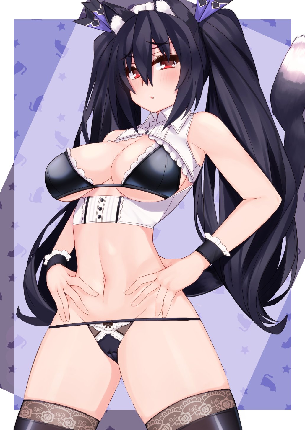 1girl alternate_costume animal_ears bare_shoulders black_hair blush breasts cameltoe cat_ears cat_tail dura enmaided hair_ribbon highres large_breasts long_hair looking_at_viewer maid navel neptune_(series) noire panties red_eyes ribbon solo tail thighhighs twintails underwear wrist_cuffs