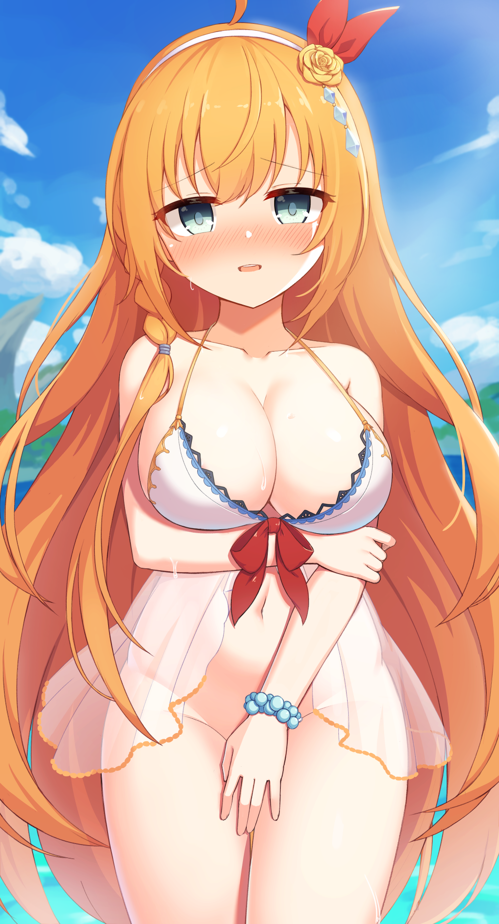 1girl ahoge bangs banned_artist bare_arms bare_shoulders bikini blue_eyes blush bottomless bow bracelet breasts cleavage collarbone commentary_request covering covering_crotch cp00 eyebrows_visible_through_hair flower groin hair_between_eyes hair_flower hair_ornament hairband highres jewelry large_breasts long_hair navel nose_blush orange_hair parted_lips pearl_bracelet pecorine_(princess_connect!) princess_connect! princess_connect!_re:dive red_bow rose see-through solo swimsuit very_long_hair white_bikini white_hairband yellow_flower yellow_rose