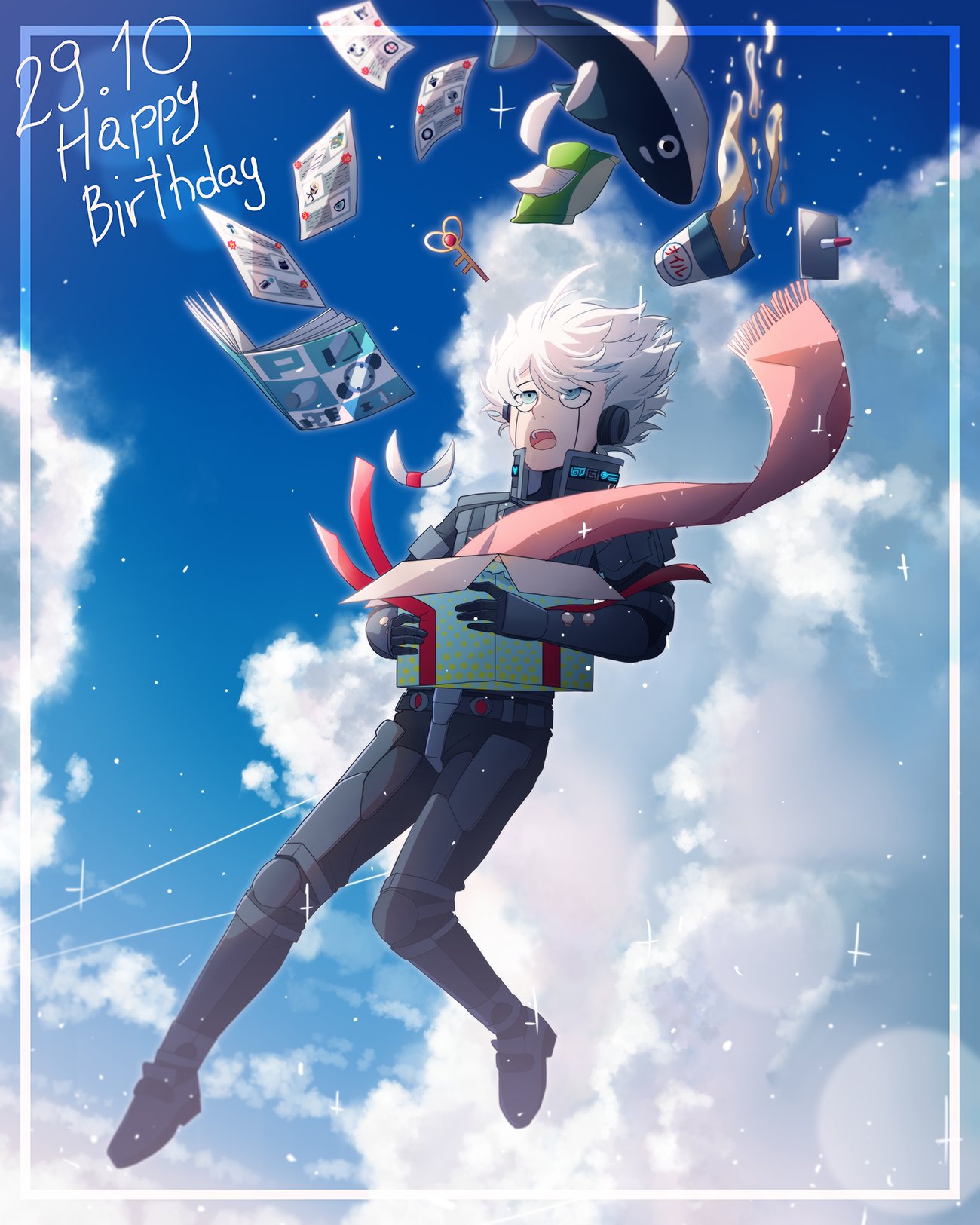 1boy android bangs blue_eyes box carton cheer_(cheerkitty14) cloud danganronpa_(series) danganronpa_v3:_killing_harmony dated english_commentary falling food happy_birthday highres holding keebo key looking_up magazine male_focus open_mouth paper pink_scarf red_ribbon ribbon scarf sky solo stuffed_whale tissue white_hair