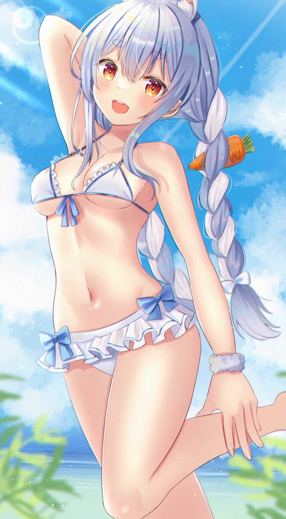 1girl animal_ear_fluff animal_ears arm_behind_head arm_up bangs bikini blue_bikini blue_bow blue_hair blue_sky blurry blurry_background blush bow braid breasts bunny-shaped_pupils bunny_ears carrot_hair_ornament cloud cloudy_sky commentary_request eyebrows_visible_through_hair feet_out_of_frame food_themed_hair_ornament frilled_bikini frills front-tie_bikini front-tie_top hair_ornament hand_on_leg highres hololive leg_up lens_flare long_hair medium_breasts multicolored_hair navel nibosi open_mouth orange_eyes rabbit_girl shiny shiny_hair shiny_skin short_eyebrows sidelocks sky solo standing standing_on_one_leg stomach swimsuit thick_eyebrows thighs twin_braids twintails two-tone_bikini two-tone_hair upper_teeth usada_pekora virtual_youtuber white_bikini white_hair