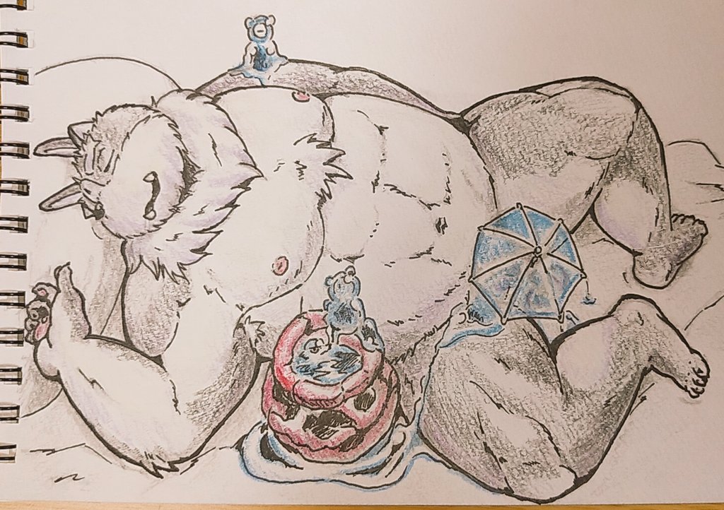 2021 anthro belly duo eyes_closed goo_creature group male moobs nanadragon4 nipples overweight overweight_male sleeping tokyo_afterschool_summoners traditional_media_(artwork) tsathoggua video_games