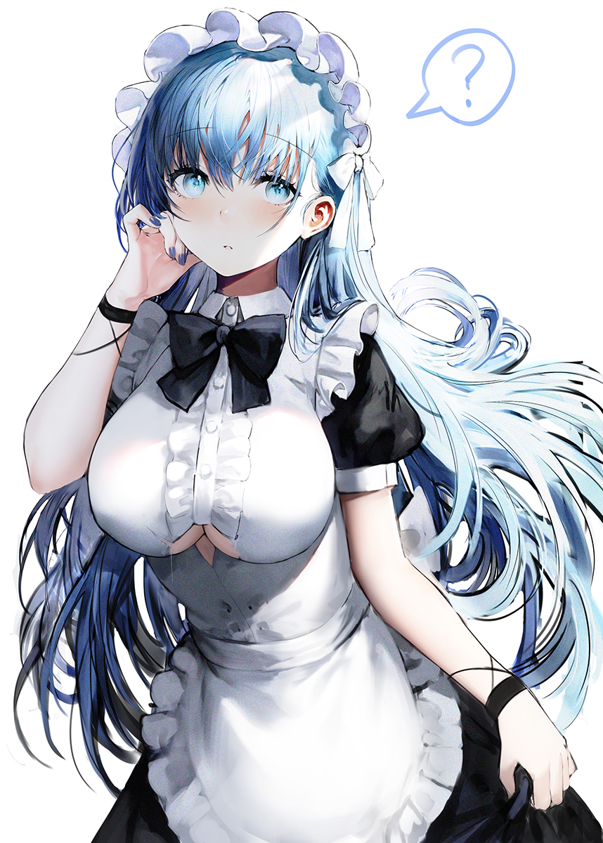 1girl ? apron bangs black_bow black_dress black_neckwear blue_eyes blue_hair blush bow breasts clothing_cutout dress hand_up haori_iori highres large_breasts long_hair looking_at_viewer original short_sleeves simple_background solo spoken_question_mark underboob_cutout upper_body very_long_hair white_apron white_background