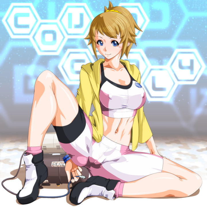 1girl ankle_socks arikawa bangs bike_shorts black_footwear blue_background blue_eyes breasts brown_hair cameltoe cleavage closed_mouth collarbone commentary_request covered_nipples eyebrows_visible_through_hair full_body gundam gundam_build_fighters gundam_build_fighters_try hair_ornament hair_scrunchie hexagon holding_cable hood hood_down hooded_jacket hoshino_fumina jacket knee_up large_breasts long_sleeves looking_at_viewer machine midriff navel open_clothes open_jacket pink_legwear ponytail scrunchie shadow shoes sidelocks sitting smile solo sports_bra taut_clothes toned two-tone_footwear white_footwear yellow_jacket yellow_scrunchie
