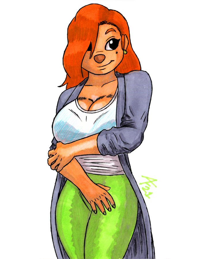 aaronhibiki anthro beauty_mark big_breasts black_eyes bra breast_squish breasts brown_nose canid canine canis cleavage clothed clothing colored_nails curvaceous curvy_figure disney domestic_dog female goof_troop hair huge_breasts legwear mammal nails one_eye_obstructed orange_hair red_hair roxanne_(goof_troop) solo squish tights translucent translucent_clothing underwear voluptuous yoga_pants