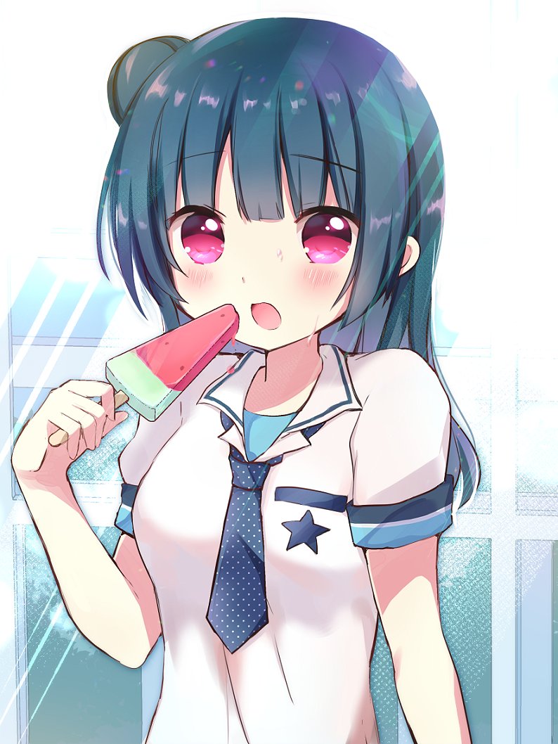 1girl bangs black_hair blue_neckwear blue_shirt blush breasts collared_shirt commentary_request eyebrows_visible_through_hair food hair_bun holding holding_food long_hair looking_at_viewer love_live! love_live!_sunshine!! mikurun necktie open_mouth polka_dot polka_dot_neckwear popsicle purple_eyes shirt short_sleeves side_bun small_breasts solo sweat tsushima_yoshiko upper_body watermelon_bar white_shirt