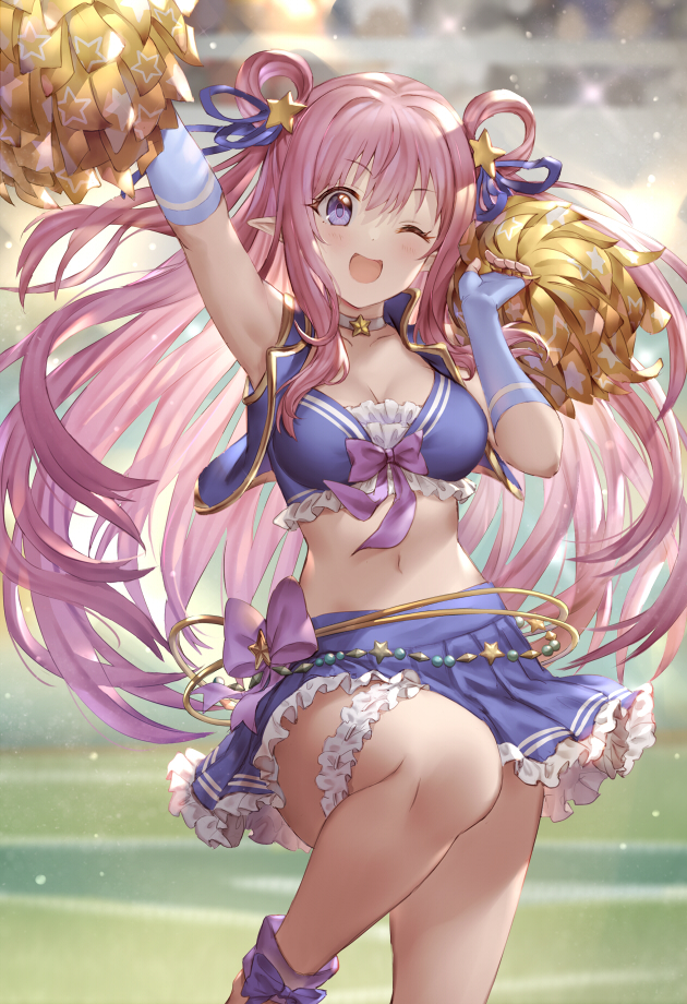 1girl 77gl ;d arm_up armpits bangs bare_shoulders blush breasts cheerleader cleavage crop_top frills gold_trim hair_ornament hair_rings hatsune_(princess_connect!) holding holding_pom_poms knee_up large_breasts leg_garter long_hair looking_at_viewer midriff miniskirt navel one_eye_closed open_mouth pink_hair pleated_skirt pointy_ears pom_poms princess_connect! princess_connect!_re:dive purple_eyes purple_skirt revealing_clothes skirt smile star_(symbol) star_hair_ornament stomach thighs two_side_up