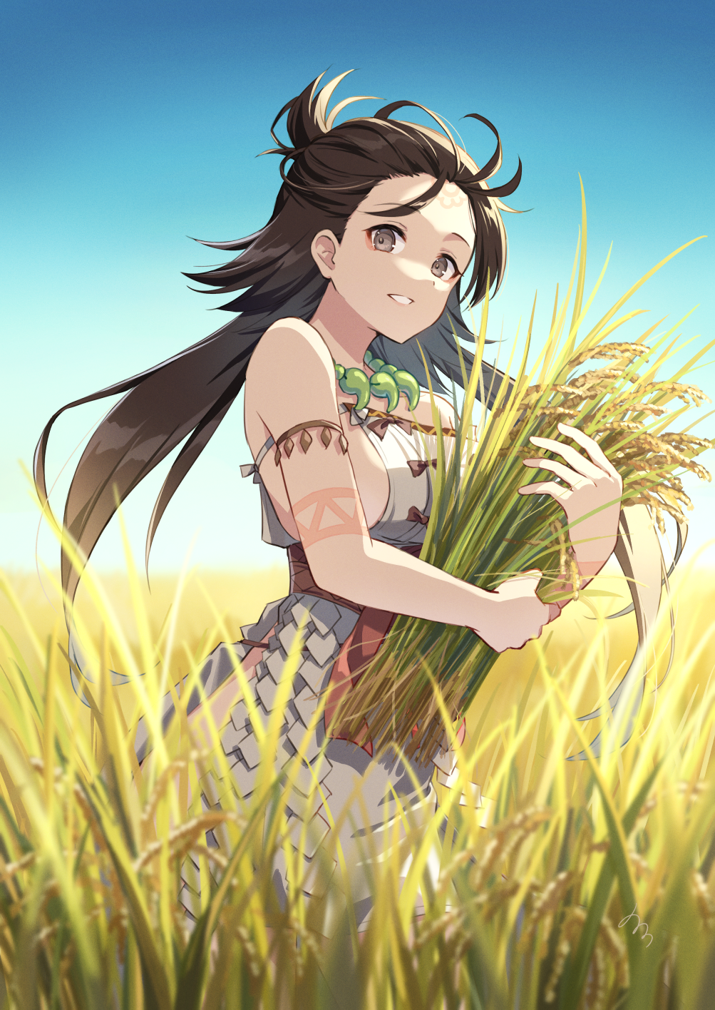 1girl blue_sky body_markings breasts brown_eyes brown_hair commentary_request day dress facial_mark fate/grand_order fate_(series) field forehead forehead_mark highres himiko_(fate) large_breasts long_hair magatama magatama_necklace no_bra nonono outdoors side_slit sideboob sky solo topknot white_dress