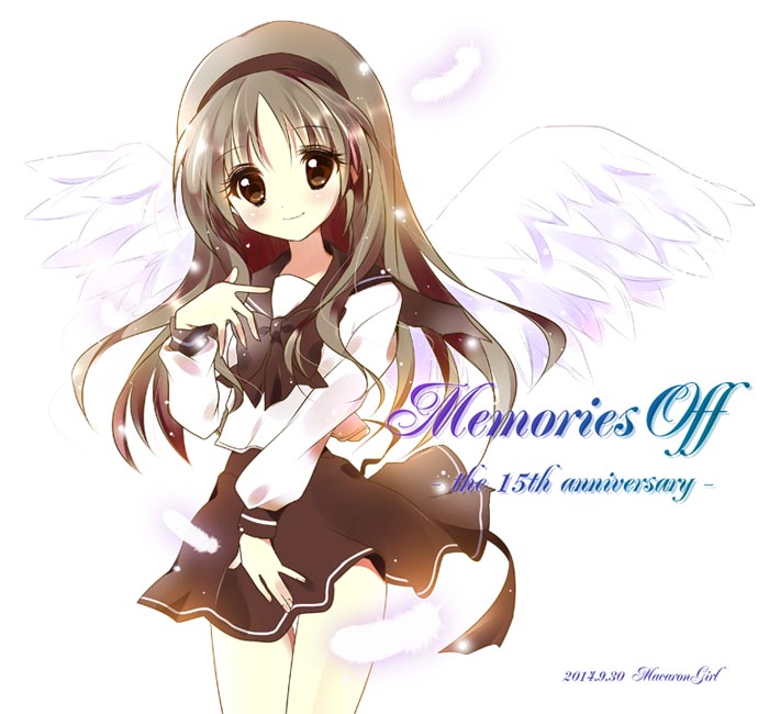 1girl angel angel_wings black_hairband brown_eyes brown_hair feathers hairband hizuki_ayaka koron_(macarongirl27) long_hair memories_off memories_off_1 school_uniform serafuku smile solo white_wings wings