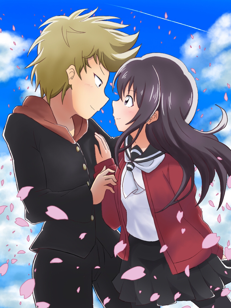 1boy 1girl black_hair black_skirt blue_sky blush busujima_eiji cloud couple eye_contact gaia_sue gakuran hetero jacket light_brown_hair long_hair looking_at_another outdoors petals profile red_jacket school_uniform senryuu_shoujo skirt sky smile spiked_hair standing white_neckwear yukishiro_nanako