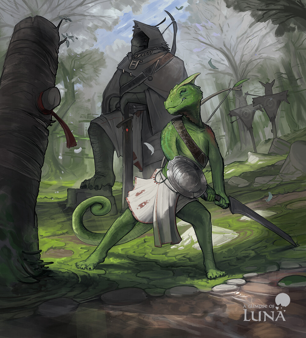 2021 day detailed_background digital_media_(artwork) duo feet fingers forest lizard melee_weapon moss outside plant reptile scalie sword themefinland toes tree weapon