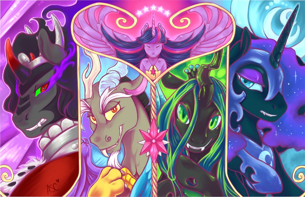 abstract_background aries84 arthropod bust_portrait cape changeling chimera clothing discord_(mlp) draconequus equid equine female feral friendship_is_magic group horn king_sombra_(mlp) looking_at_viewer male mammal my_little_pony nightmare_moon_(mlp) portrait queen_chrysalis_(mlp) regalia smile star twilight_sparkle_(mlp) unicorn villainous winged_unicorn wings