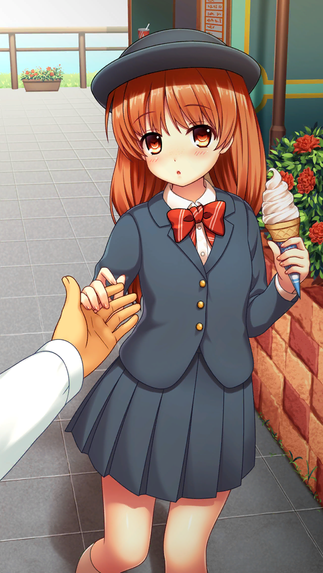 1girl bangs black_headwear blush bow bowtie brown_eyes brown_hair collared_shirt day doukyuusei doukyuusei_another_world eyebrows_visible_through_hair food game_cg grey_jacket grey_skirt hat holding holding_food holding_hands ice_cream jacket long_hair long_sleeves looking_at_viewer miniskirt nishina_kurumi official_art open_mouth outdoors pleated_skirt print_bow print_neckwear red_bow red_neckwear school_uniform shiny shiny_hair shirt skirt solo_focus white_shirt wing_collar younger