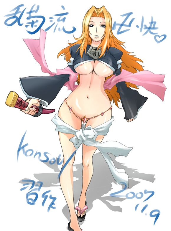 areola_slip areolae belt bleach blue_eyes bottomless breasts colored_pubic_hair convenient_censoring crop_top feet groin japanese_clothes katana konkitto large_breasts long_hair magatama matsumoto_rangiku mole mole_under_mouth narrow_waist navel no_bra orange_hair orange_pubic_hair pubic_hair sandals sash shadow shawl sheath smile solo standing sword translation_request underboob weapon wide_hips wide_sleeves