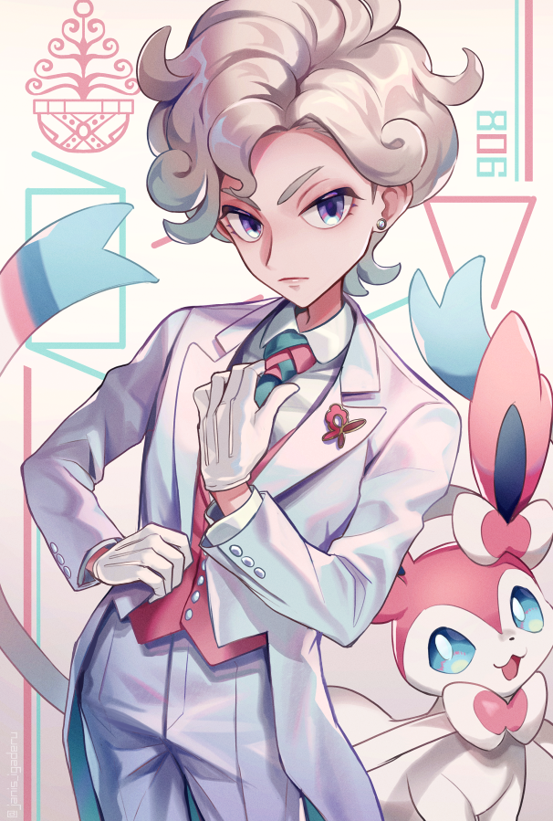 1boy adjusting_neckwear alternate_costume bangs bede_(pokemon) blonde_hair buttons closed_mouth coat collared_shirt commentary_request earrings eyelashes gen_6_pokemon gloves janis_(hainegom) jewelry long_sleeves male_focus necktie number open_clothes open_coat pants pokemon pokemon_(creature) pokemon_(game) pokemon_swsh purple_eyes shirt sylveon vest white_coat white_gloves white_pants white_shirt