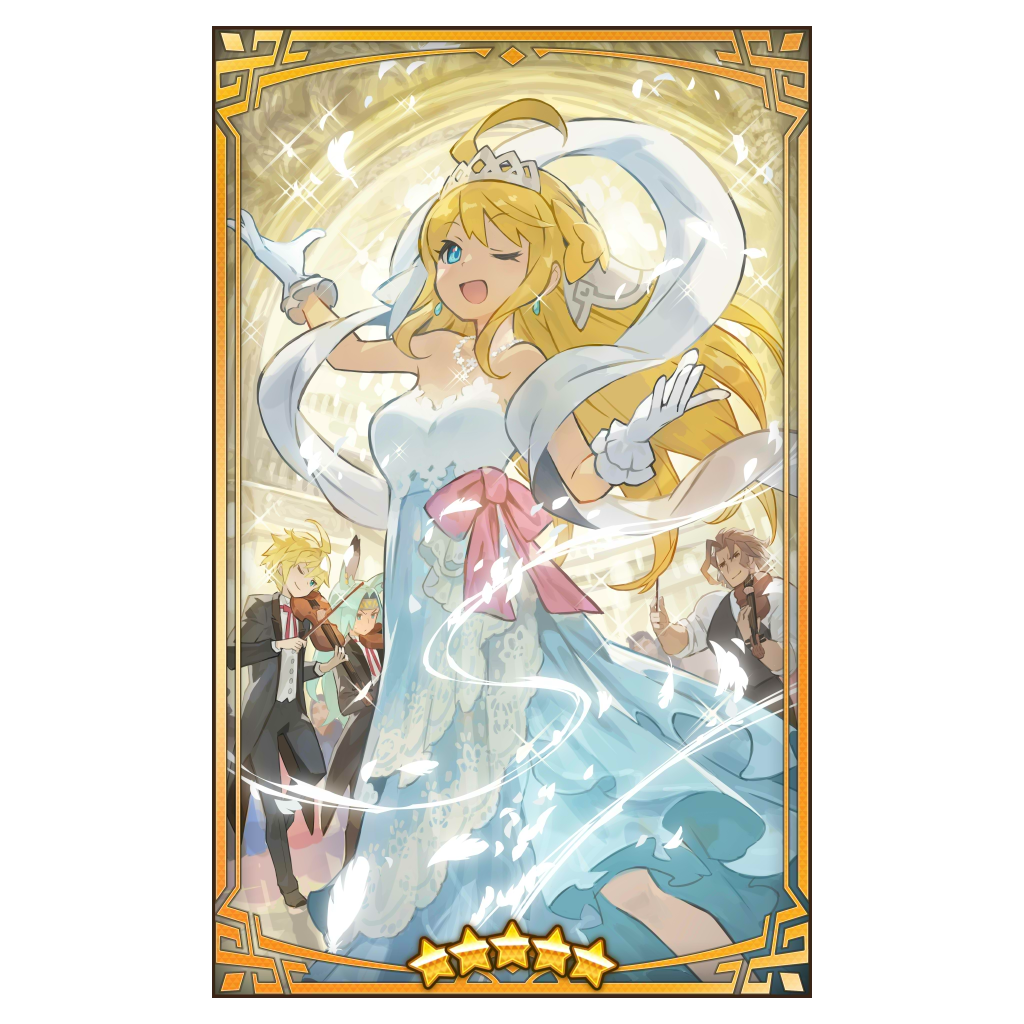 1girl 3boys ahoge alternate_costume aura bare_arms bare_shoulders blonde_hair blue_eyes breasts cygames dancing dragalia_lost dress earrings euden feathers formal gloves indoors instrument jewelry looking_at_viewer luca_(dragalia_lost) multiple_boys naoki_saito necklace nintendo official_alternate_costume official_art one_eye_closed party ranzal ribbon suit tiara violin white_dress white_gloves zethia