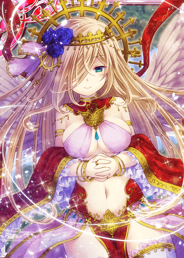 1girl angel angel_wings arabian_clothes bare_shoulders blonde_hair blue_flower blue_rose breasts collaboration crown falkyrie_no_monshou flower green_eyes hair_flower hair_ornament hair_over_one_eye hands_together large_breasts official_art rose shinkai_no_valkyrie soukuu_kizuna wings zaphkiel_(falkyrie_no_monshou)