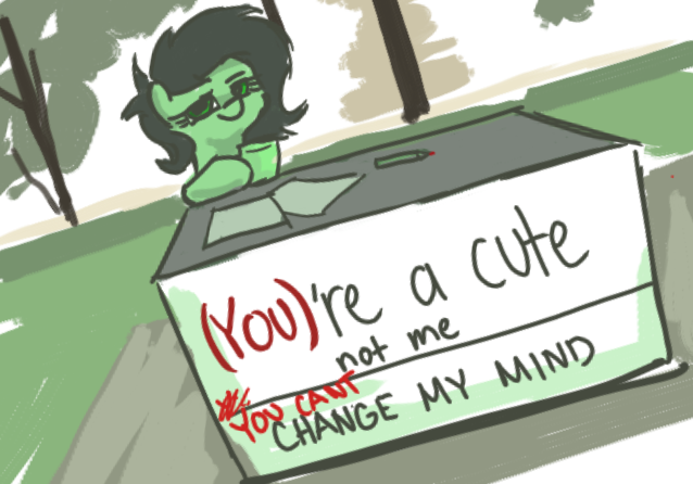 adorable_face banner black_hair change_my_mind female feral filly_anon fur grass green_body green_eyes green_fur green_hair hair hasbro humor looking_at_viewer meme my_little_pony outside plack plant sign silverwisp19 smug solo texst tree