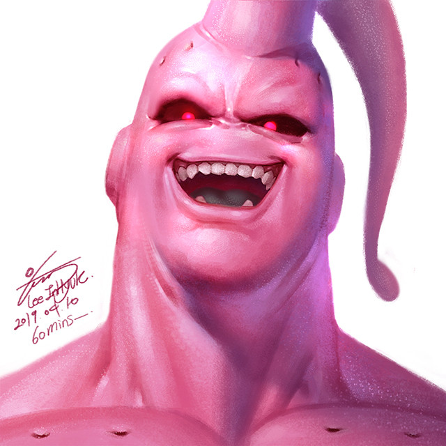 1boy antennae artist_name black_sclera colored_sclera colored_skin dated dragon_ball dragon_ball_z face in-hyuk_lee majin_buu male_focus one-hour_drawing_challenge open_mouth pink_eyes pink_skin portrait realistic signature smile solo super_buu