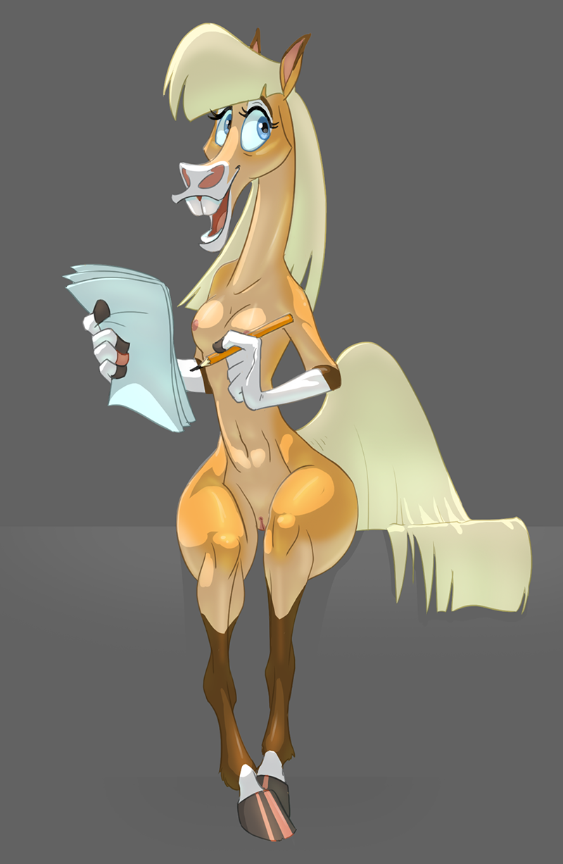 2019 anthro blonde_hair blonde_tail blue_eyes breasts casual_nudity equid equine female fingers front_view full-length_portrait genitals grey_background hair hi_res hooved_fingers hooves horse mammal nipples nude open_mouth open_smile paloma-paloma paloma_(paloma-paloma) paper pencil_(disambiguation) portrait pussy simple_background sitting smile solo yellow_body