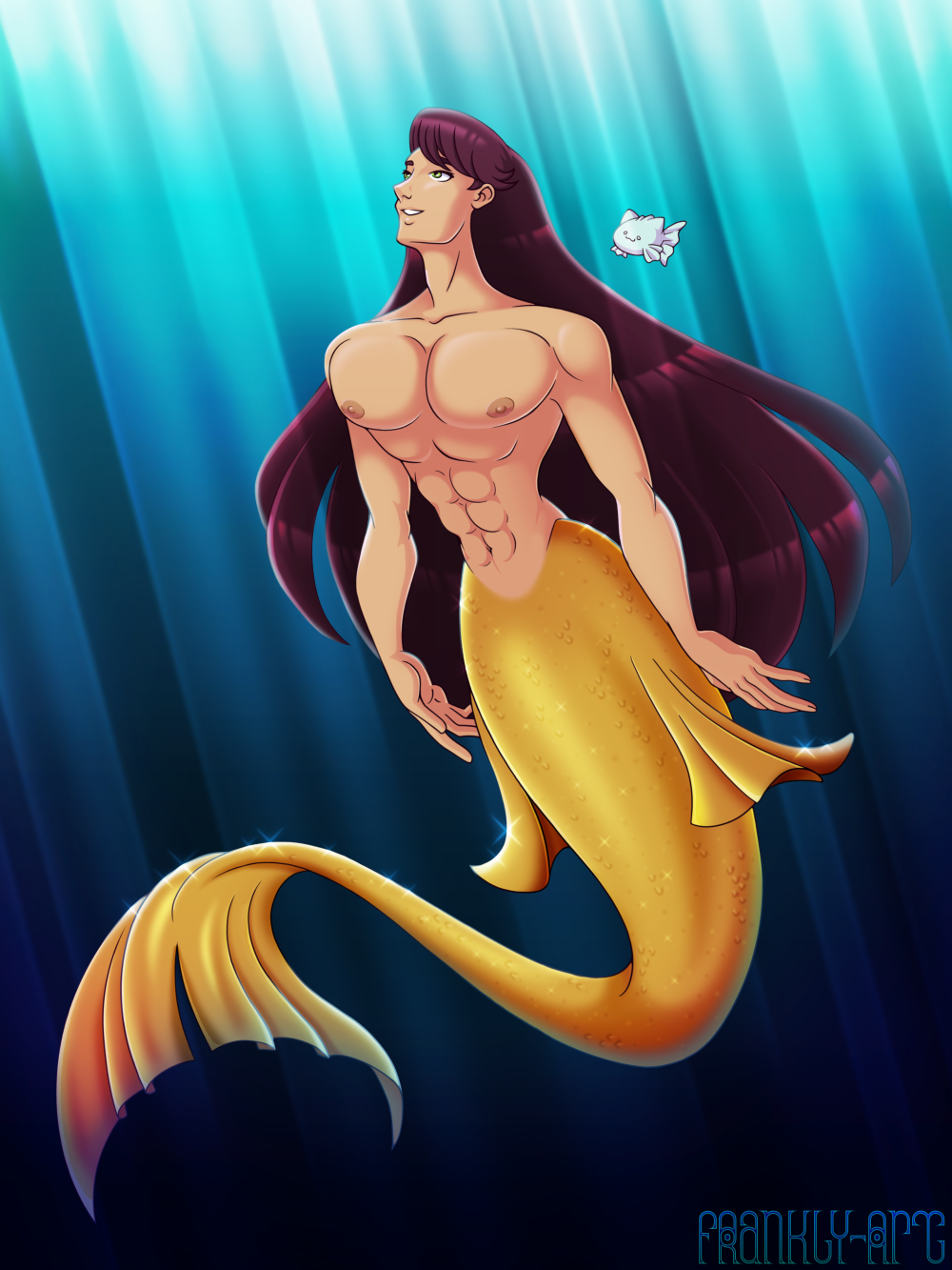 5_fingers abs bara_tiddies barazoku fingers fish fish_tail frankly-art gold golden hi_res humanoid invalid_tag male marine merfolk merman_john_(xiaobigjie) muscular muscular_male nipples pecs sea solo sparkles swimming taur underwater water