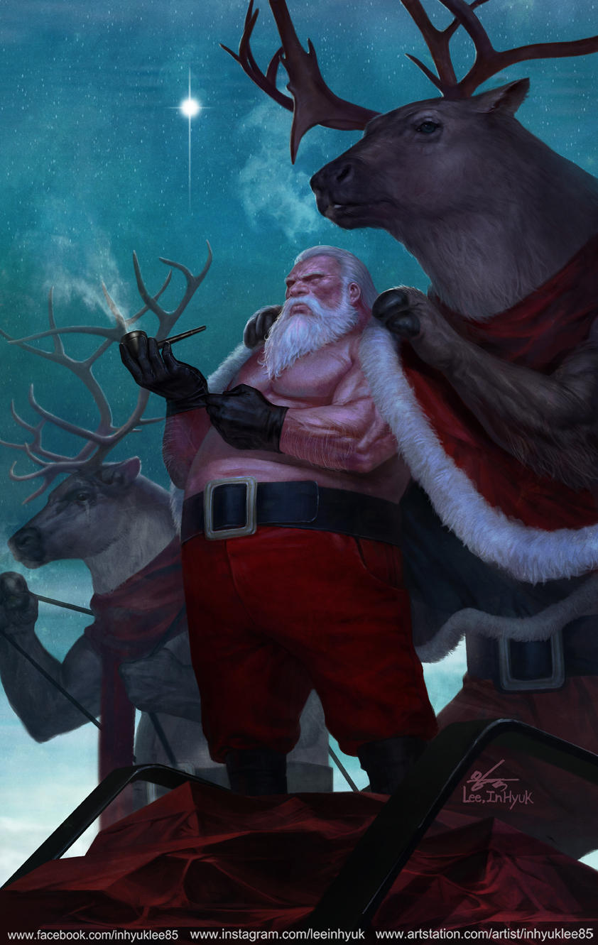 1boy adjusting_clothes adjusting_gloves antlers beard cape facial_hair fat fat_man gloves highres holding holding_pipe in-hyuk_lee male_focus night night_sky original pipe reindeer reins santa_claus shirtless signature sky sleigh smoke solo star_(sky) starry_sky white_hair