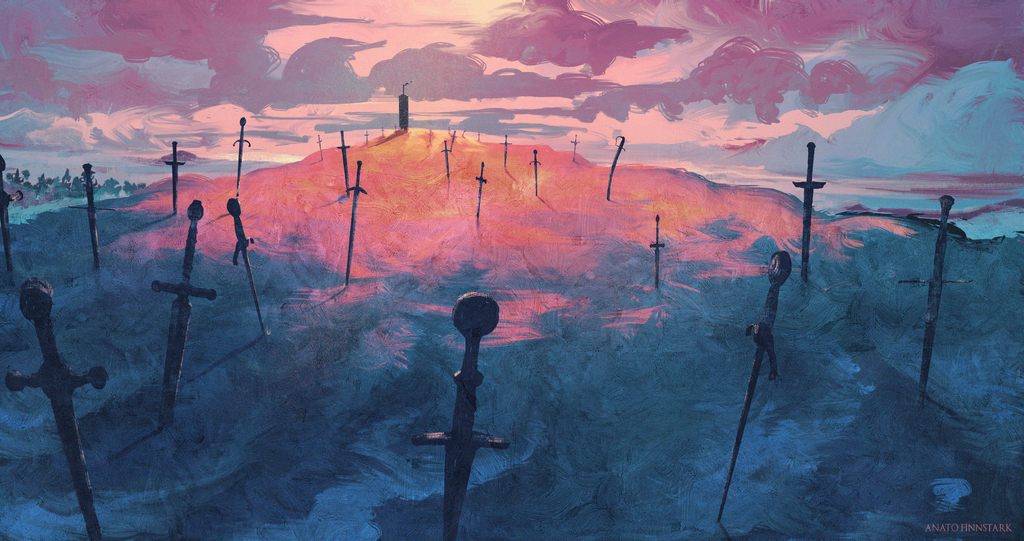 anatofinnstark artist_name berserk cloud cloudy_sky dragonslayer_(sword) dusk evening field_of_blades greatsword hill no_humans orange_sky outdoors planted_sword planted_weapon scenery sky sword weapon