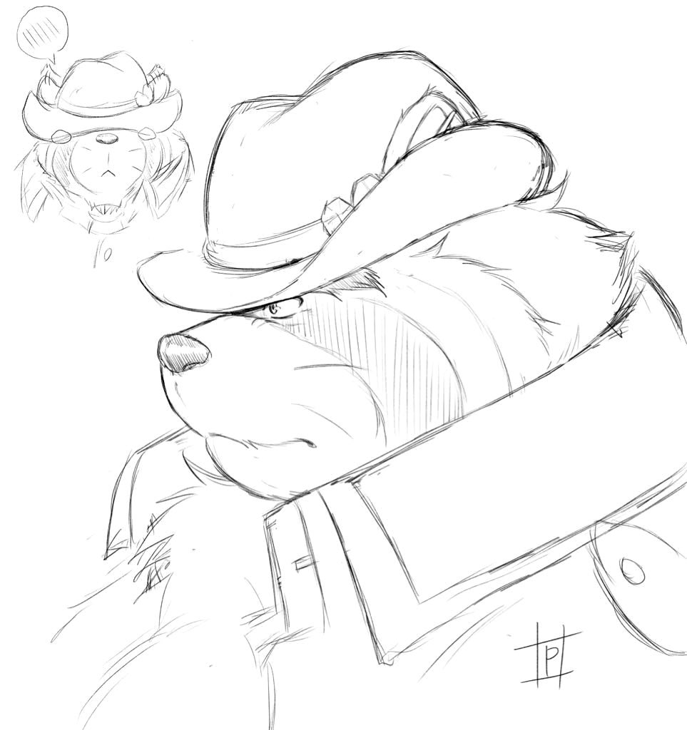 anthro blush canid canine clothing covering covering_eyes covering_face embarrassed fedora hat headgear headwear live-a-hero male mammal overweight pochizizi raccoon_dog shoen shy sketch tanuki
