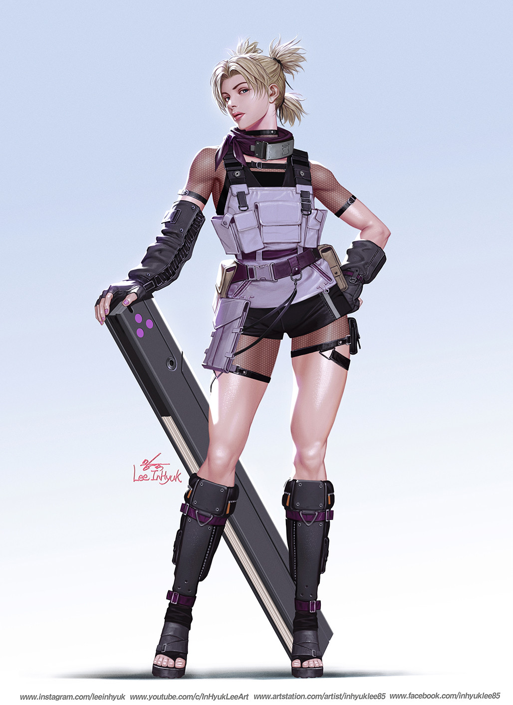 1girl blonde_hair boots contrapposto fingerless_gloves fishnets forehead_protector full_body gloves gradient gradient_background hand_on_hip highres in-hyuk_lee knee_boots nail_polish naruto_(series) naruto_shippuuden pink_nails pouch quad_tails sandals shin_guards short_shorts shorts signature solo sunagakure_symbol temari toeless_footwear watermark web_address