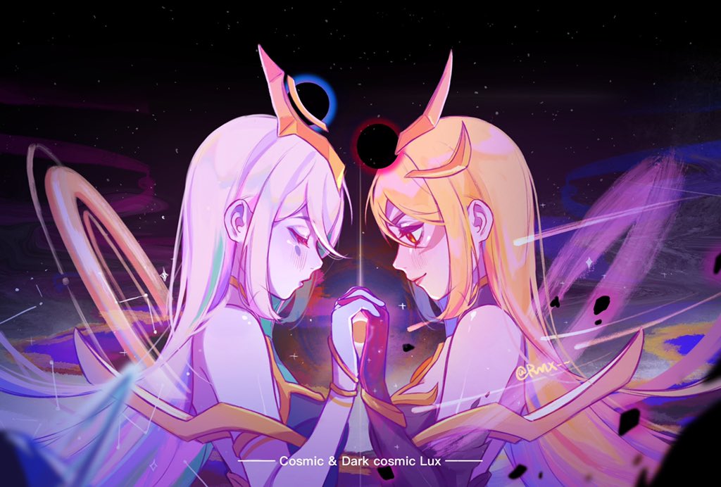 2girls artist_name blonde_hair blush closed_eyes collared_dress cosmic_lux dark_cosmic_lux english_text eyebrows_visible_through_hair gloves headpiece holding_hands league_of_legends long_hair looking_at_another looking_down luxanna_crownguard multiple_girls red_eyes ruan_chen_yue smile white_hair yuri