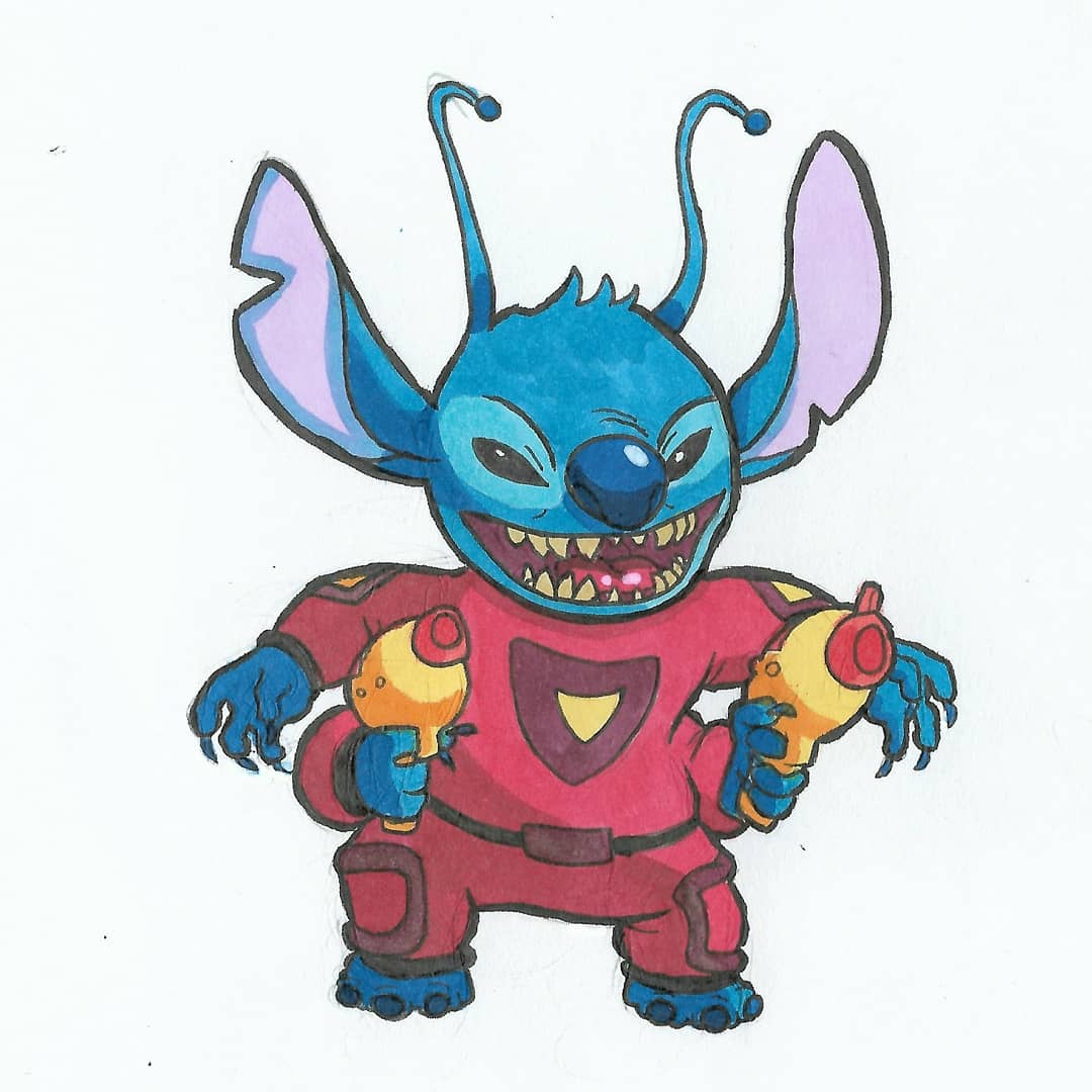 1:1 2020 4_arms 4_fingers alien antennae_(anatomy) black_eyes blue_body blue_claws blue_fur blue_nose claws clothed clothing disney dual_wielding dumbshizzle experiment_(lilo_and_stitch) fingers fur head_tuft holding_object holding_weapon lilo_and_stitch looking_at_viewer multi_arm multi_limb narrowed_eyes notched_ear plasma_blaster plasma_gun ranged_weapon red_clothing sharp_teeth simple_background solo spacesuit squint standing stitch_(lilo_and_stitch) teeth traditional_media_(artwork) tuft weapon white_background