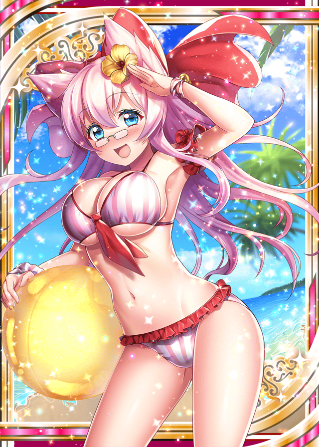 1girl :d ball beach beachball bikini blue_eyes blue_sky breasts cloud collaboration falkyrie_no_monshou flower glasses hair_flower hair_ornament hanasaki_mahiru large_breasts looking_at_viewer muffin_(falkyrie_no_monshou) ocean official_art open_mouth palm_tree pink_bikini pink_hair shinkai_no_valkyrie sky smile stomach striped striped_bikini swimsuit tree