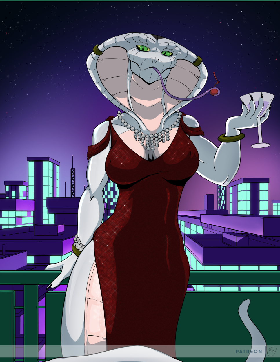 2021 5_fingers agent_torque alcohol anthro apode beverage bracelet breasts city claws cleavage clothed clothing cocktail_dress draconcopode dress evening_gown female finger_claws fingers food fruit green_eyes hi_res jewelry legless looking_at_viewer naga necklace night non-mammal_breasts olive_(fruit) pinup plant pose prehensile_tongue red_clothing red_dress reptile scales scalie serpentine signature slit_dress snake snake_hood solo tongue tongue_out video_games viper_(x-com) white_body white_scales wine wine_glass x-com x-com:_chimera_squad yawg